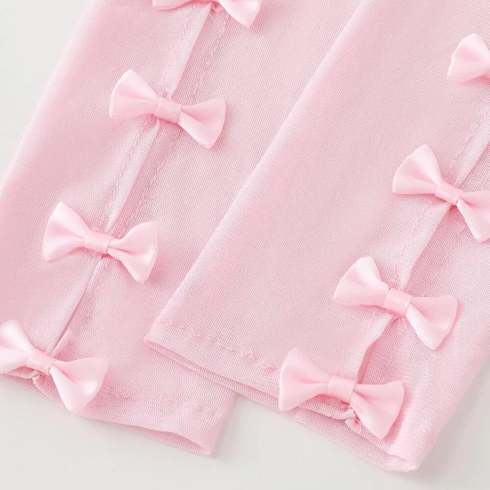 Women's Princess Pink Long Sleeves Gloves Bow Lace Mesh Tulle Party Prom